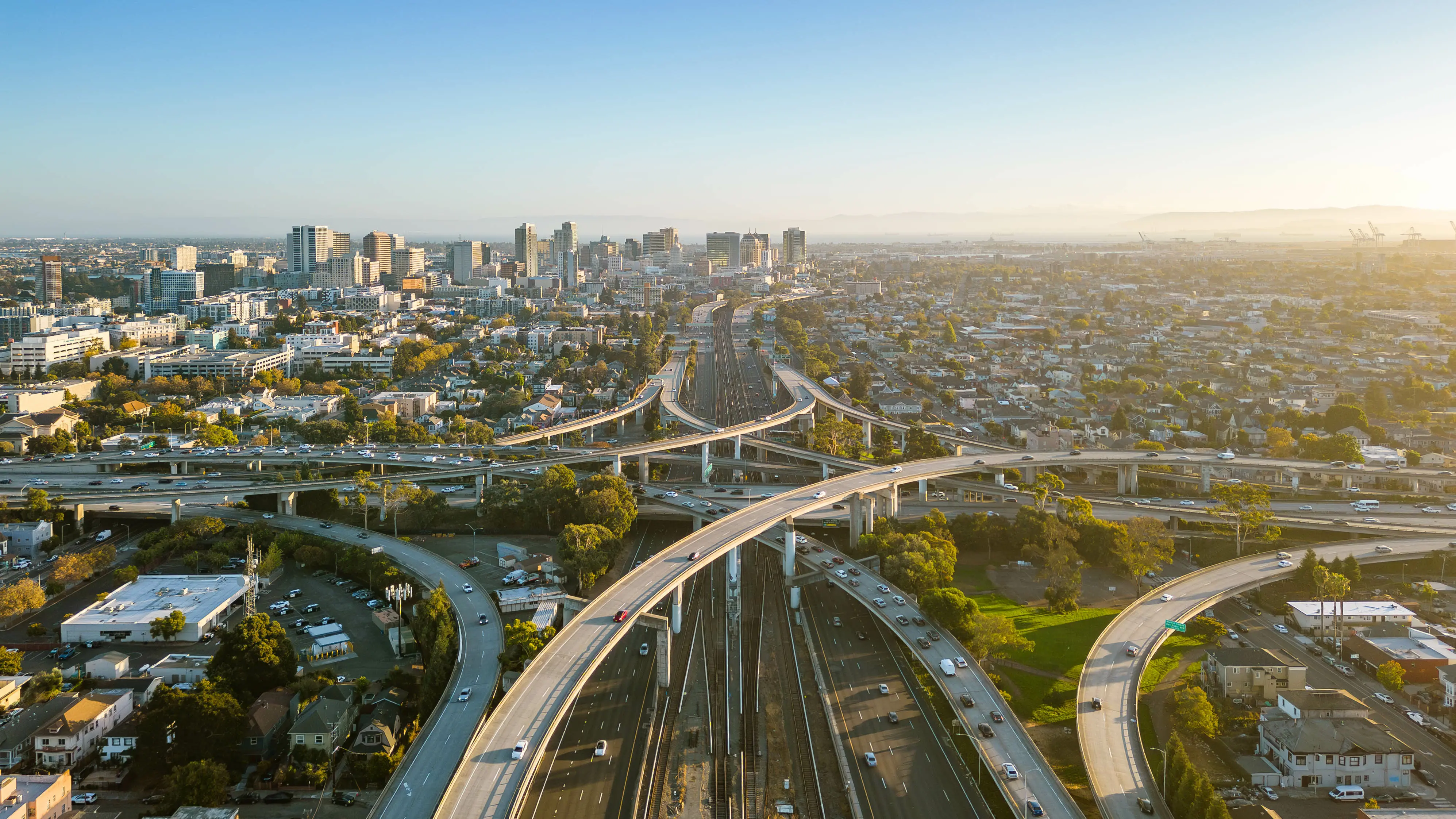 Aerial view of highways and transportation infrastructure
